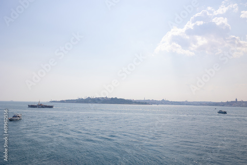 Ferries and ships on the bosphorus and cityscape of Istanbul