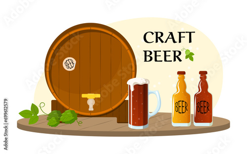 Wooden barrel, bottles and mug with foamy beer vector illustration. Craft beer with hops banner design. Beverages, party, brewery concept