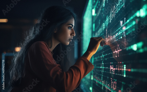 A female programmer or web developer looking at lines of code