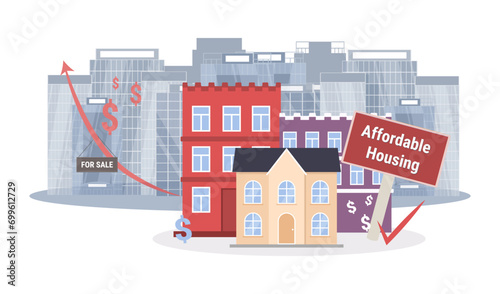 Houses and placards with For sale and Affordable housing inscriptions. Vector illustration. Expensive and cheap houses. Housing crisis, problems in real estate sector, development of affordable
