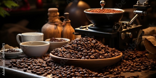 Coffee beans and grinder. AI generate illustration