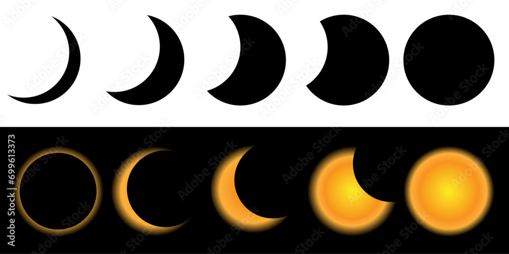 Solar eclipse vector set. Different phases of solar eclipse. Vector illustration - obrazy, fototapety, plakaty 