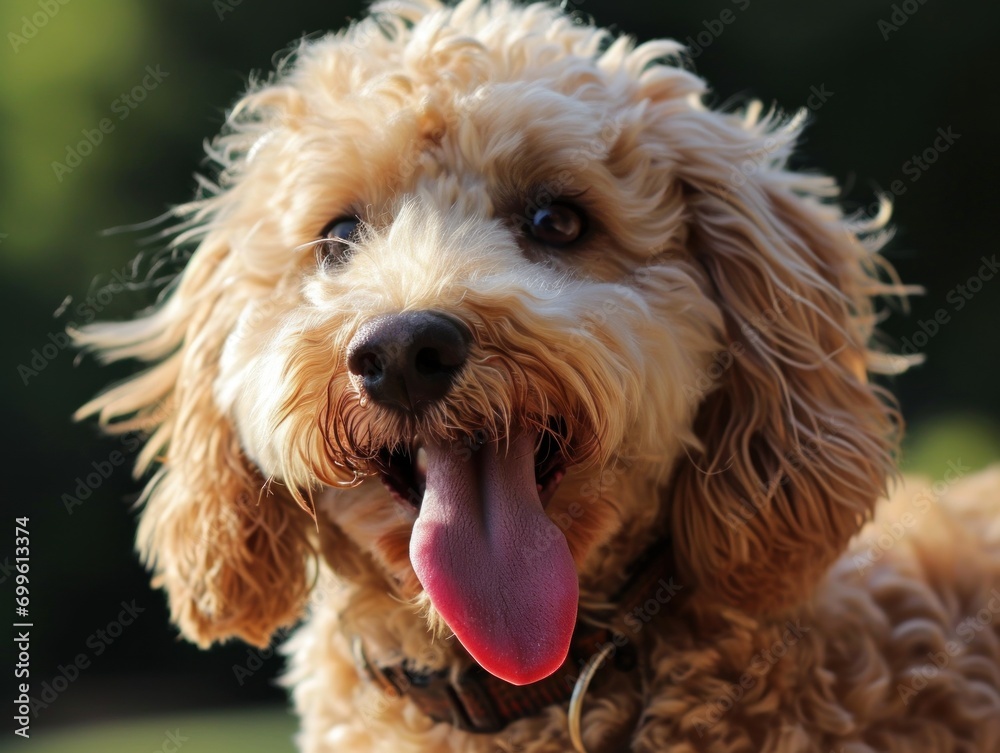 a dog with his tongue sticking out of his back.