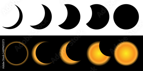 Solar eclipse vector set. Different phases of solar eclipse. Vector illustration