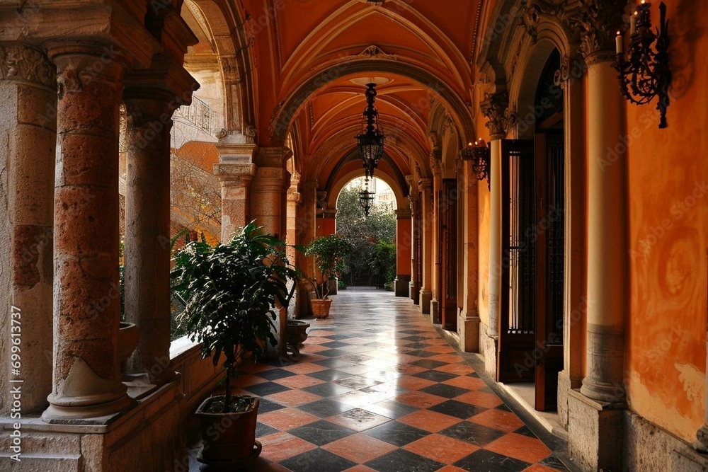 a hallway with columns and potted plants
