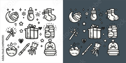 Vector new Baby Born Doodle Line Art Illustration. a playful set of baby icons. Hand Drawn Vector Clip Art. 