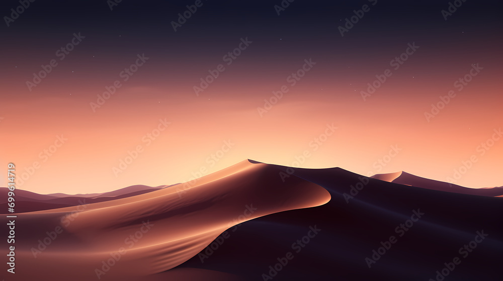 Naklejka premium Surreal desert dunes at sunset, warm tones and shadows