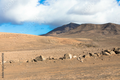 Spectacular view of the volcanic landscape in Timanfaya National Park. Lanzarote, Canary Islands, Spain, Atlantic, Europe. Tourism and vacations concept.