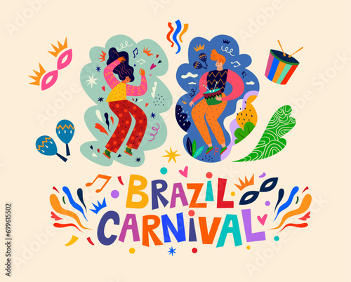 Banner Brazil carnival party. Design for Brazil Carnival. Decorative illustration with dancing people. Music festival illustration