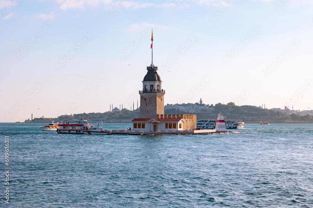 Istanbul landmarks. Kiz Kulesi or Maiden's Tower at sunset