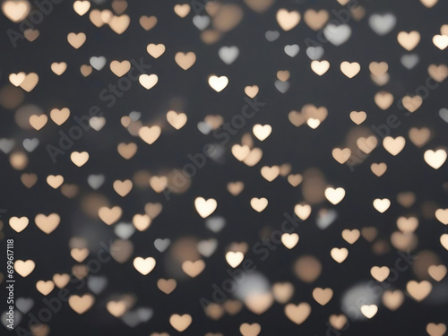 Sparkling gold heart shaped confetti blurred background