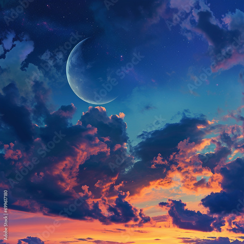 Crescent moon against a mesmerizing sky islamic background, happy Ramadan