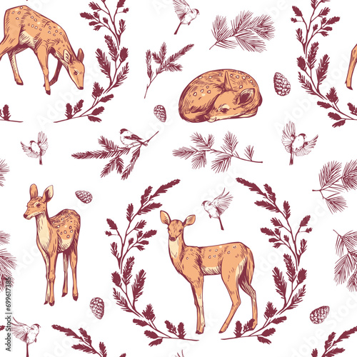 Fawn.  deer. floral forest seamless pattern, realistic illustrations, hand drawn vector sketches, vintage wallpaper style