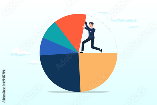 Smart businessman standing on pie chart pushing allocation to the best performance position, business analysis, investment asset allocation or economic statistic (Vector) photo
