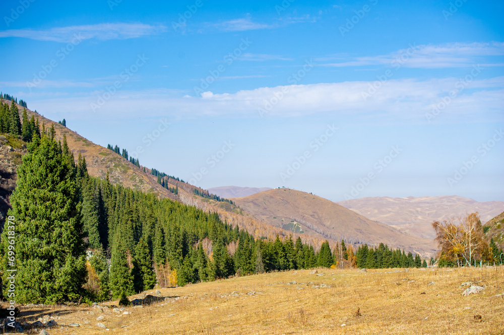 Enjoy the breathtaking beauty of the Tien Shan mountains in autumn. Take a stroll through the serene and peaceful surroundings. Enjoy nature's vibrant colors, lush greenery and vibrant flowers.