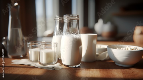 Glass of milk and ingredients on wooden table in kitchen, closeup