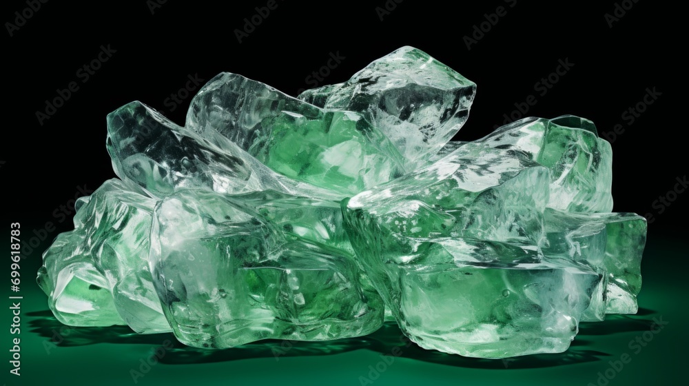 Green ice crystals on a black background. Frozen water. Green ice crystals on a black background. Frozen water.