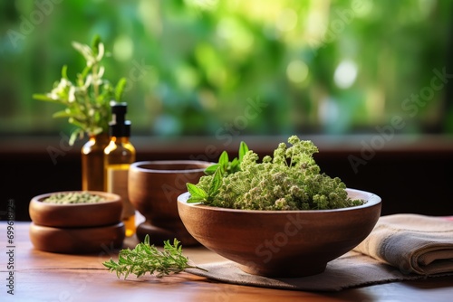 Bottles and bowls with herbs and oil for herbal medicine, naturopathy, homeopathy and aromatherapy