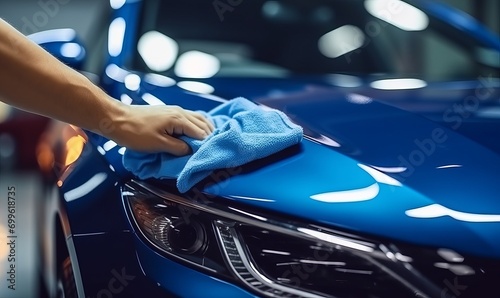 the man holds the microfiber in hand and polishes the car, Selective focus
