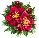 Christmas New Year's bouquet of flowers, red hellebore flowers, Christmas rose, berry branches, spruce, pine, thuja, green foliage