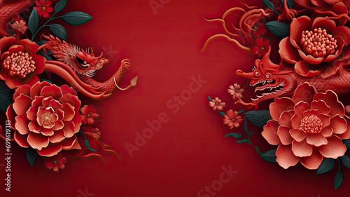 Chinese new year 2024, year of the dragon banner template design with dragon and flower background, red background. copy space - generative ai