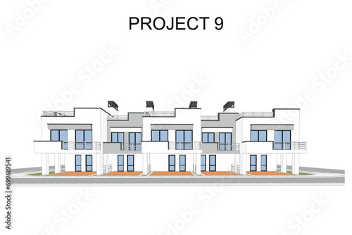 Detailed architectural two story townhouse blueprints and drawings. Vector illustration