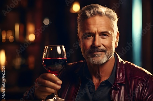 older, mature man drinking red wine glass