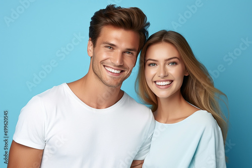 a happy young couple on blue background generative AI