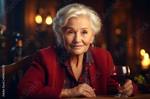 older, mature woman drinking red wine glass