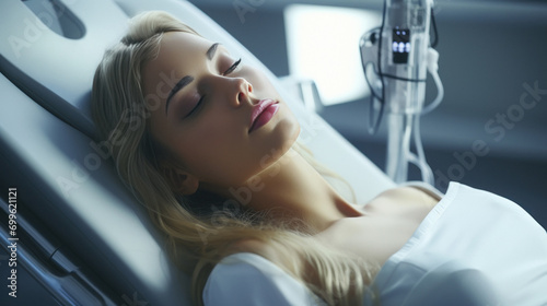 Young beautiful woman laying down on advance sophisticated medical chair
