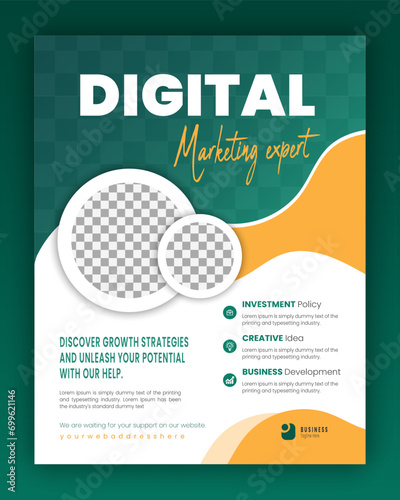 Corporate, creative, company promotion business flyer, digital marketing agency poster design template, A4 seminar flyer layout, proposal, leaflet, annual report with green yellow and white background