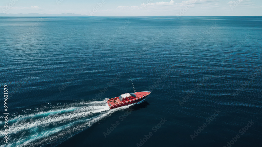 top view of moving fast boat in the ocean.