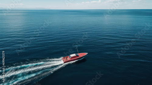 top view of moving fast boat in the ocean.