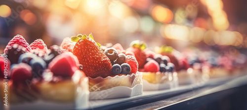 Gourmet desserts and coffee drinks in an elegant patisserie with radiant bokeh background photo