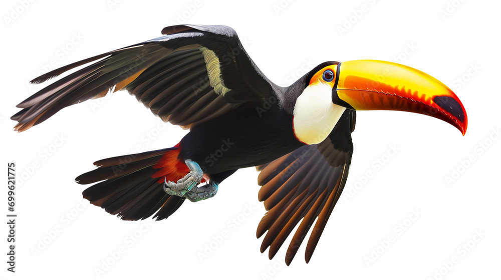 Fototapeta premium Flying toucan bird isolated on a white background