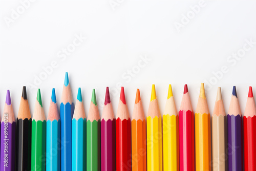 Colored pencils neatly arranged with space for text on a white background.