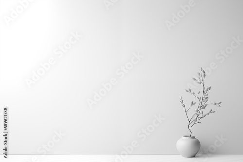Simple white background with a vase and decorative branches in a minimal style.