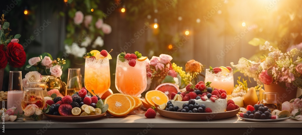 Luminous bokeh backdrop with vibrant outdoor brunch, cocktails, fruit platters, and sunlight. - obrazy, fototapety, plakaty 