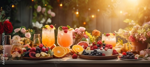 Luminous bokeh backdrop with vibrant outdoor brunch, cocktails, fruit platters, and sunlight.