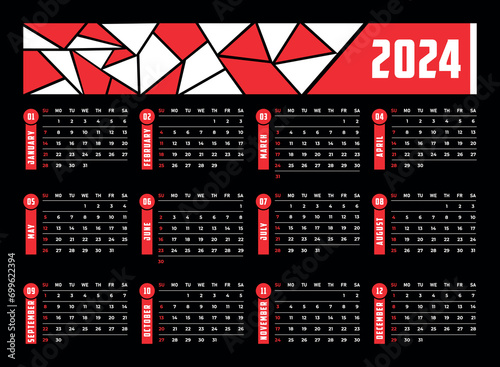Week starts Sunday red and black unique colorful Desk Calendar 2024
