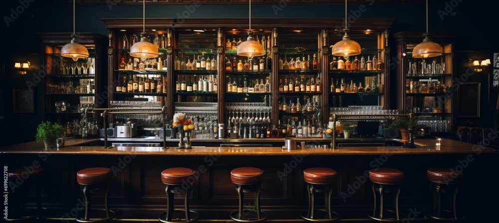 Lively bar with artisanal cocktails, stylish glassware, and mesmerizing bokeh lighting