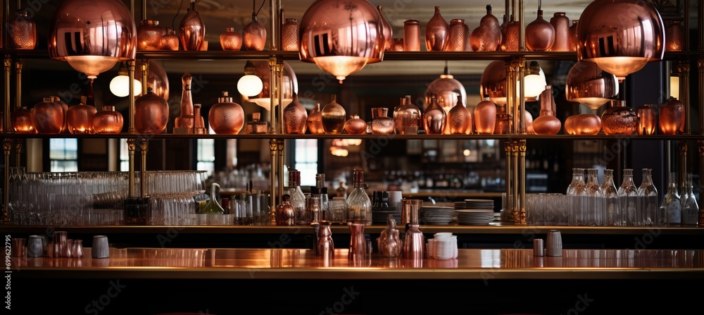 Vibrant bar atmosphere with artisanal cocktails, stylish glassware, and captivating ambient lighting