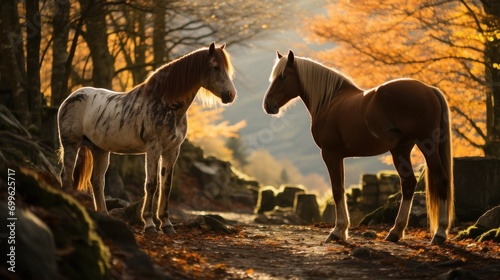brown and white horses facing each other