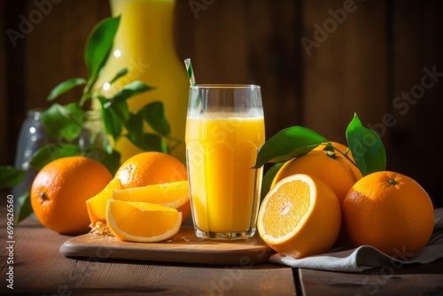 A morning breakfast scene featuring a glass of tangy orange juice and a pile of ripe oranges on a rustic table