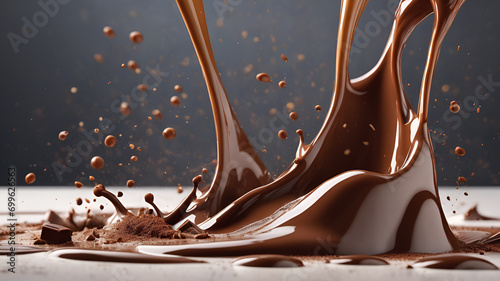liquid chocolate flow on white background,Chocolicious, Sweet Delight, chocolate with splashes