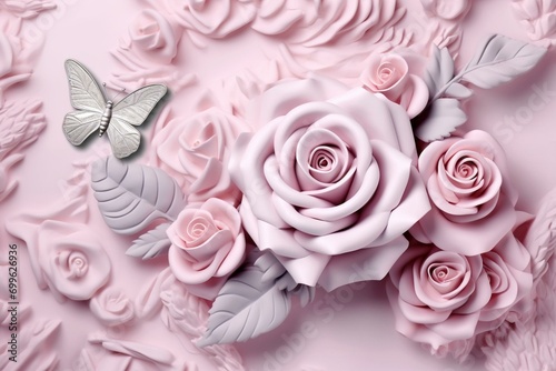 3D floral wallpaper with a rose  luxurious backdrop  and butterflies. Generative AI