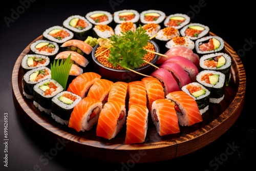 A colorful assortment of sushi, artistically presented on a traditional platter, complemented with wasabi, ginger and soy sauce