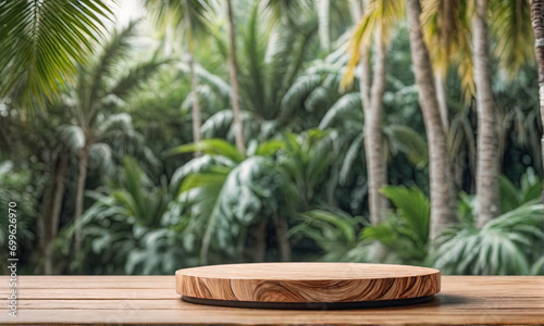 Wooden circle product stand on wooden table