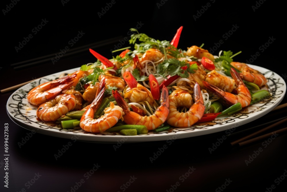 Tempting Plate of Zhejiang Shrimp Paired with Crisp Vegetables and Soy Sauce in a Posh Chinese Eatery Tempting Plate of Zhejiang Shrimp Paired with Crisp Vegetables and Soy Sauce in a Posh Chinese Eatery