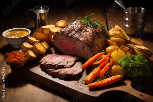 A Hearty British Feast: Yorkshire Puddings Accompanied by Succulent Roast Beef and a Medley of Vegetables photo